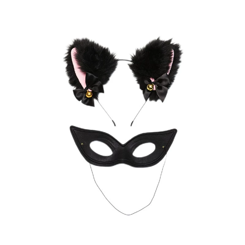紫琳 праздничные сексуальные реквизиты Makeup Props Cat Girl Headband Mask Set Cat Ears Headband with Bells