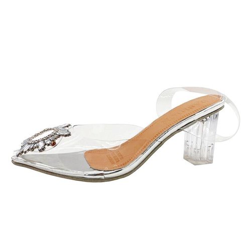  New Arrival Rubber Toe Cover Thick Heel Strappy High Heels PU Crystal Material Pointed Toe Sandals