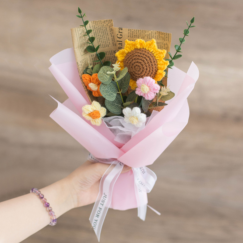 De lana de ganchillo pequeño ramo de regalo girasol acabado flor regalo de negocios lana hecha a mano de bricolaje de ganchillo flor artificial