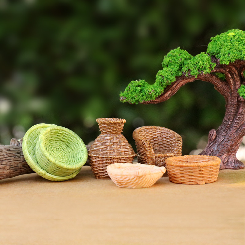 微缩竹编竹椅鱼篓篮子模型盲袋玩具树指工艺品桌面微景观造景摆件