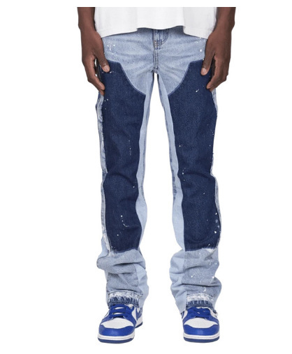 Men's Denim Overalls Fashion Elastic Patch Flared Jeans_voghion.com