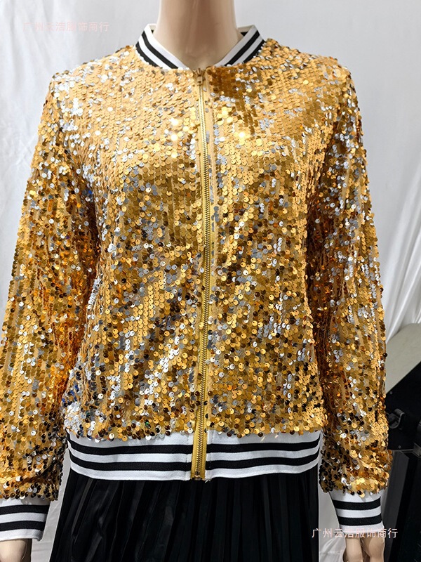 European and American Foreign Trade New Fashion Women's Tops, Stylish Gold Sequin Personalized Short Zipper Jacket for Women European and American Foreign Trade New Fashion Women's Tops, Stylish Gold Sequin Personalized Short Zipper Jacket for Women