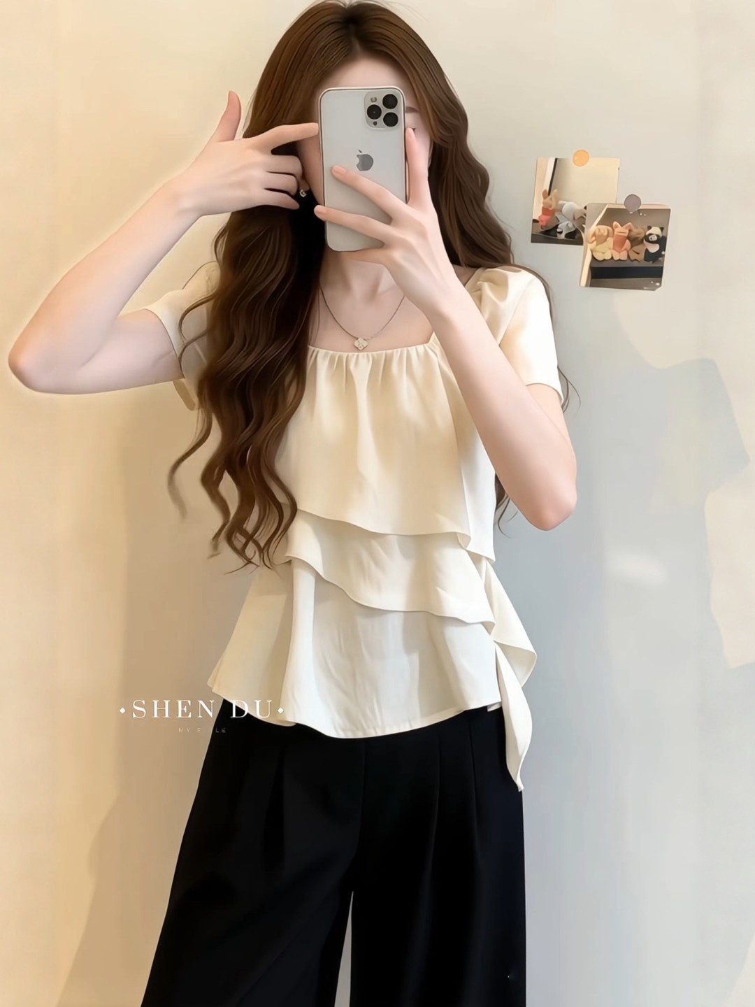 Áo sơ mi nữ cổ vuông tay ngắn, dáng rộng viền lá sen, phối dây rút — màu tím