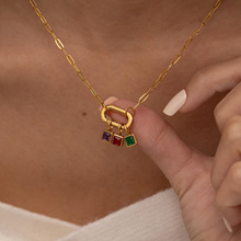 欧美彩色12生辰石项链吊坠diy配件女十二生辰石轻奢方块彩色锆石