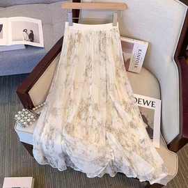 春夏新款女装中国风纱裙半身裙高腰水墨印花气质网纱两面显瘦字