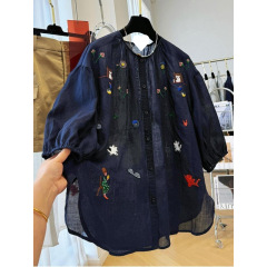 韓国重工業刺繍ハイエンドファッション七分袖ラウンドネックシャツ女性の夏の気質薄手のトップ