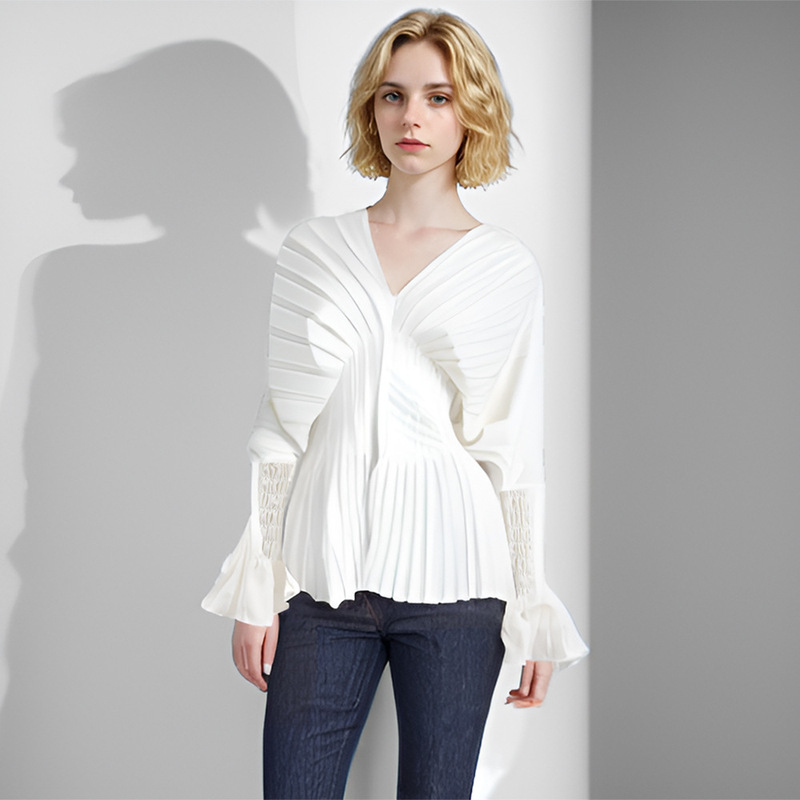 French Pleated Waist Profile White Shirt Women's Elegant V-Neck Trumpet Long Sleeve Mid-length Pullover Shirt Niche