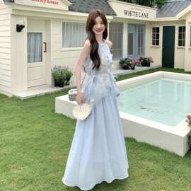 浅蓝色立体花朵挂脖吊带上衣套装裙2025夏仙女风绝美半身裙两件套
