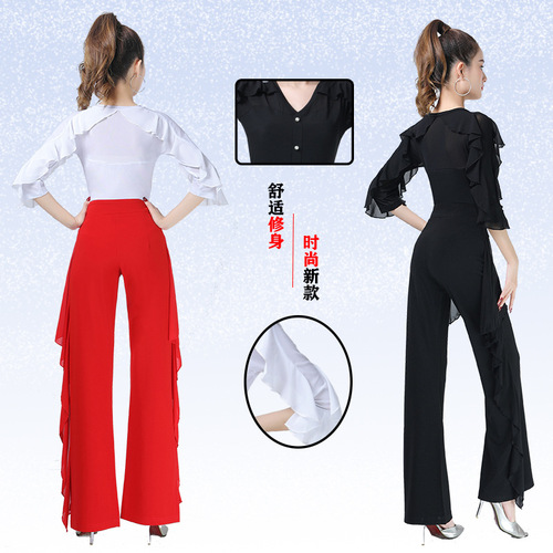 Square dance modern dance top new women's black lotus leaf three-quarter sleeve top elegant dance Latin dance costume jitterbug suit