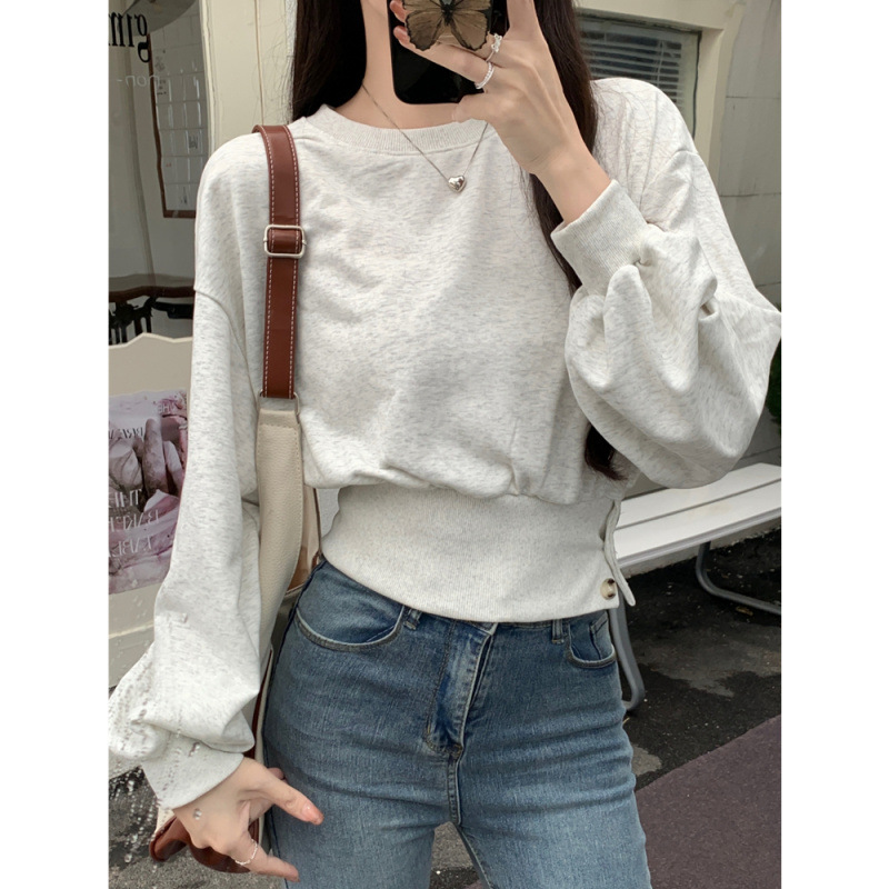 卫衣女2025春秋款韩国小众设计感系扣长袖短款修身上衣女卫衣秋季