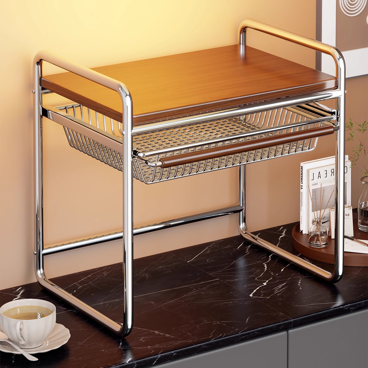 Estante de Cocina para Microondas y Horno de Acero al Carbono y Madera Aglomerada, Extraíble, para Encimera