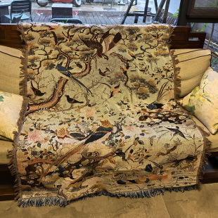 Flower and Bird Chinese Retro Style Single Sofa Blanket Cover Blanket Knitted Jacquard Blanket Wall Decoration Fabric Tapestry Cotton Blanket