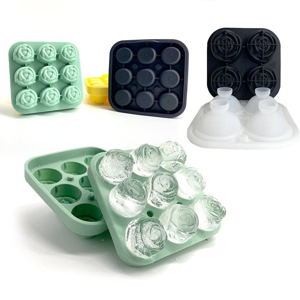 Molde de Hielo Forma de Rosa 9 Cavidades Silicona Congelado Rápido, Sellado, Desmoldeo Fácil