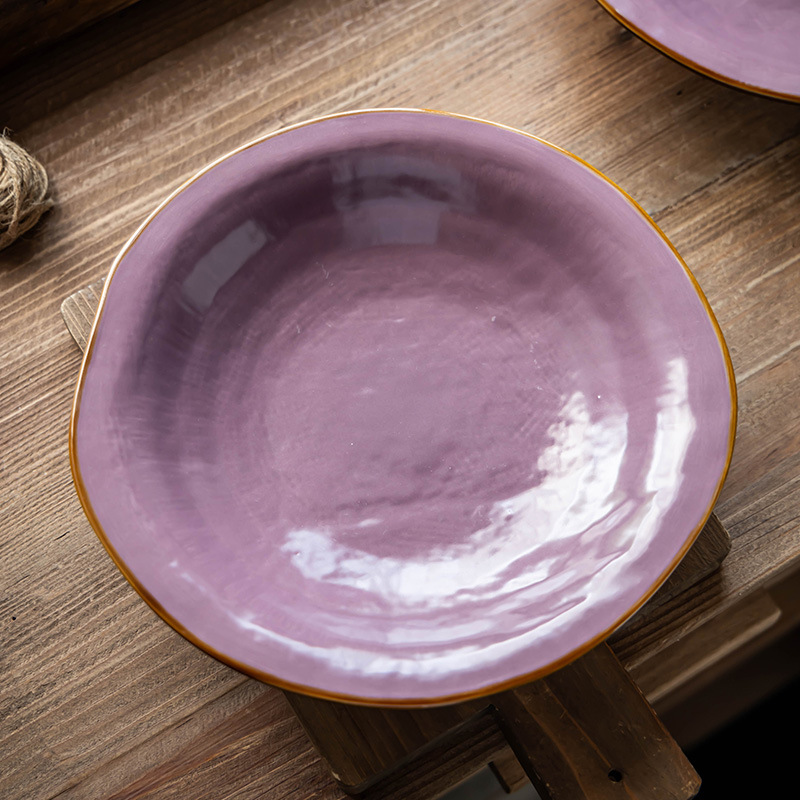 Plato grande de cerámica irregular, plato para carne al estilo occidental, plato para pasta, plato morado texturizado de estilo nórdico, vajilla para el hogar