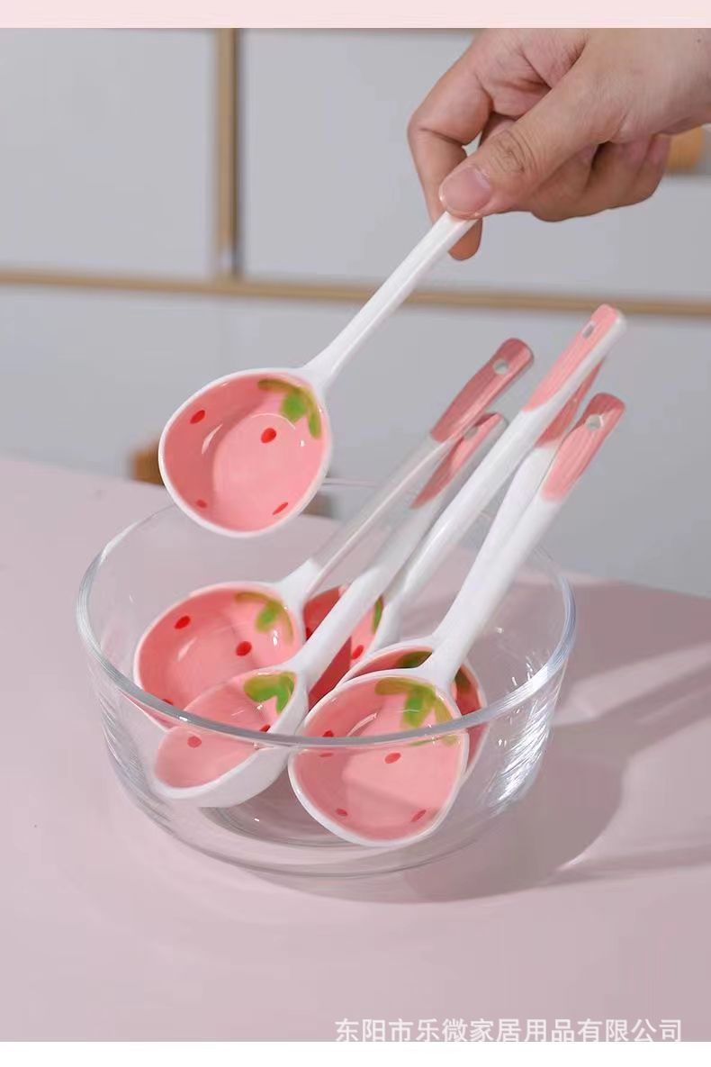 ins草莓勺陶瓷长柄勺子高颜值烹饪勺子家用调羹少女甜点勺-阿里巴巴