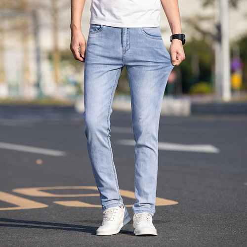  Four Seasons Regular Men's Stretch Jeans for Young Men, Korean Style Slim-fitting Matte White Mercerized Cotton Small Straight Pants
