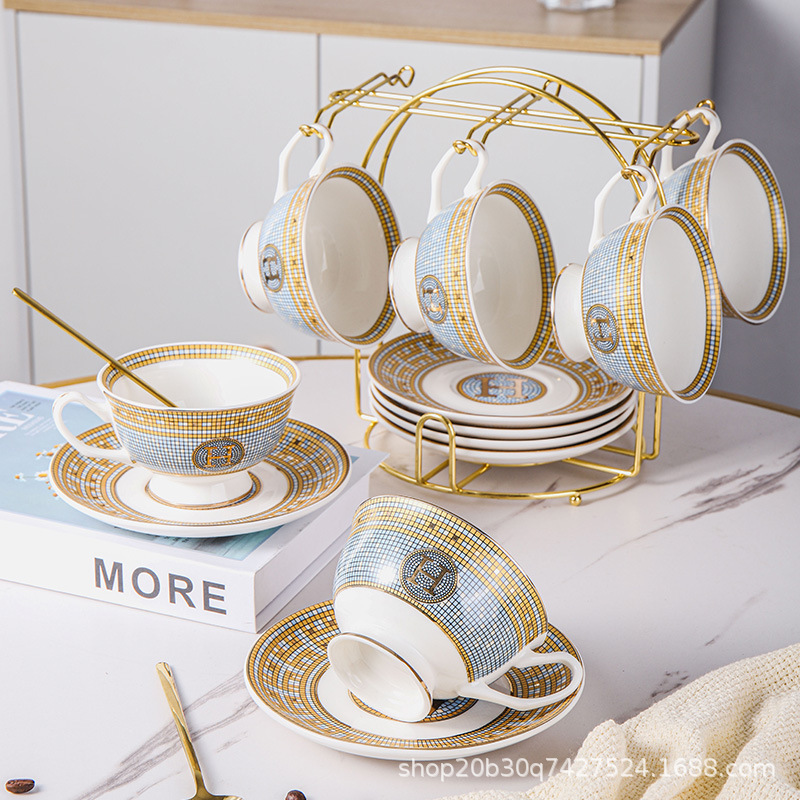 Creative European-style Ceramic Cup Coffee Cup and Saucer Set Simple Household Coffee Cup and Saucer Set with Shelf Tea Cup Set Set