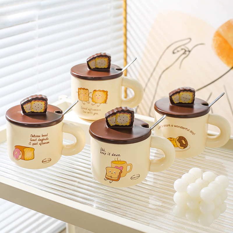 Pan creativo de cerámica hogar lindo taza de dibujos animados taza pareja taza de agua con tapa cuchara taza de café taza de desayuno