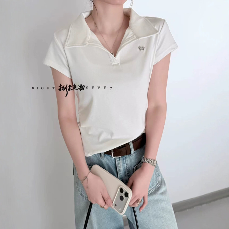 Summer New Korean Style Casual Fashion Simple Cartoon Pattern Loose Lapel Right Shoulder Short Sleeve T-Shirt Half Sleeve 1233