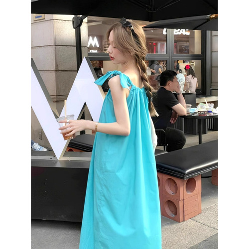 Women's Summer Loose and Slimming A-line Dress with Shoulder Straps, Blue Medium-length Vacation Style Belted Dress, 2025