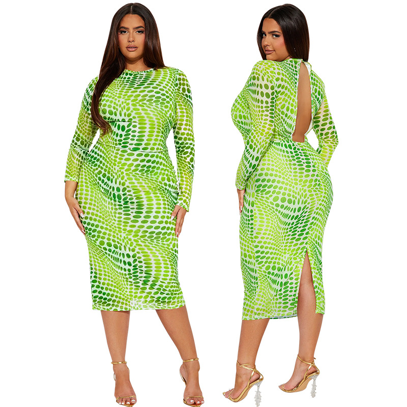 Plus size midiklänning med hög krage och lång ärm för kvinnor_voghion.com