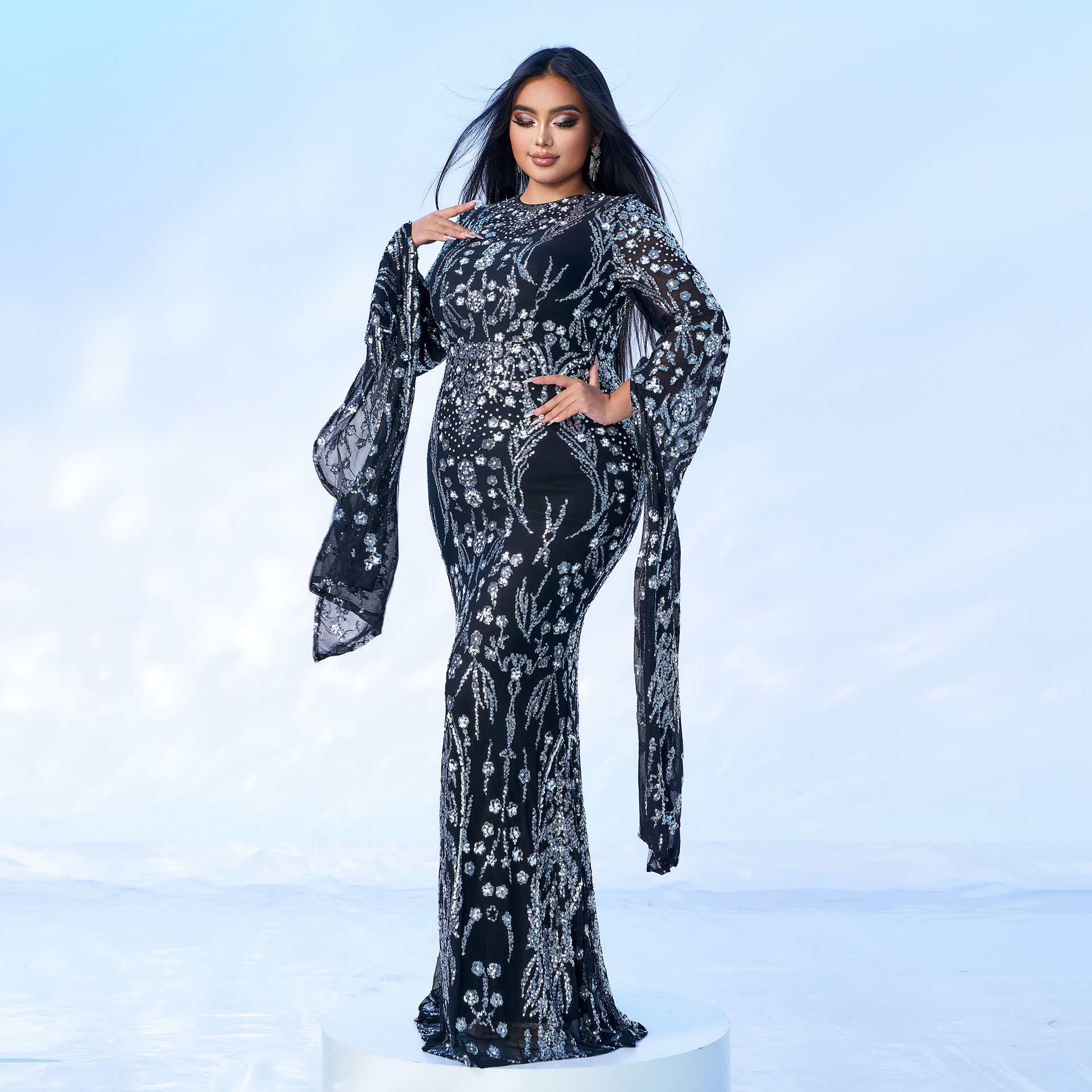 Women's Clothing ultra long sleeve temperament round neck sexy slim long sequined banquet evening dress bridesmaid dress_voghion.com