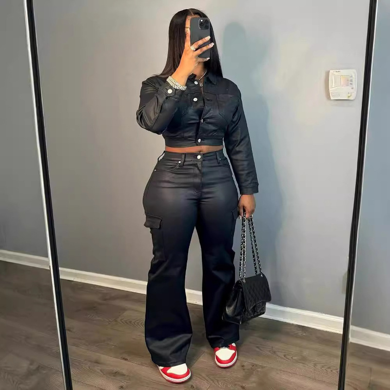 Ld2257 Autumn and Winter European and American Women's Clothing Amazon Hot Selling Suit Leather Jacket Popular Cardigan Sports Trousers Suit