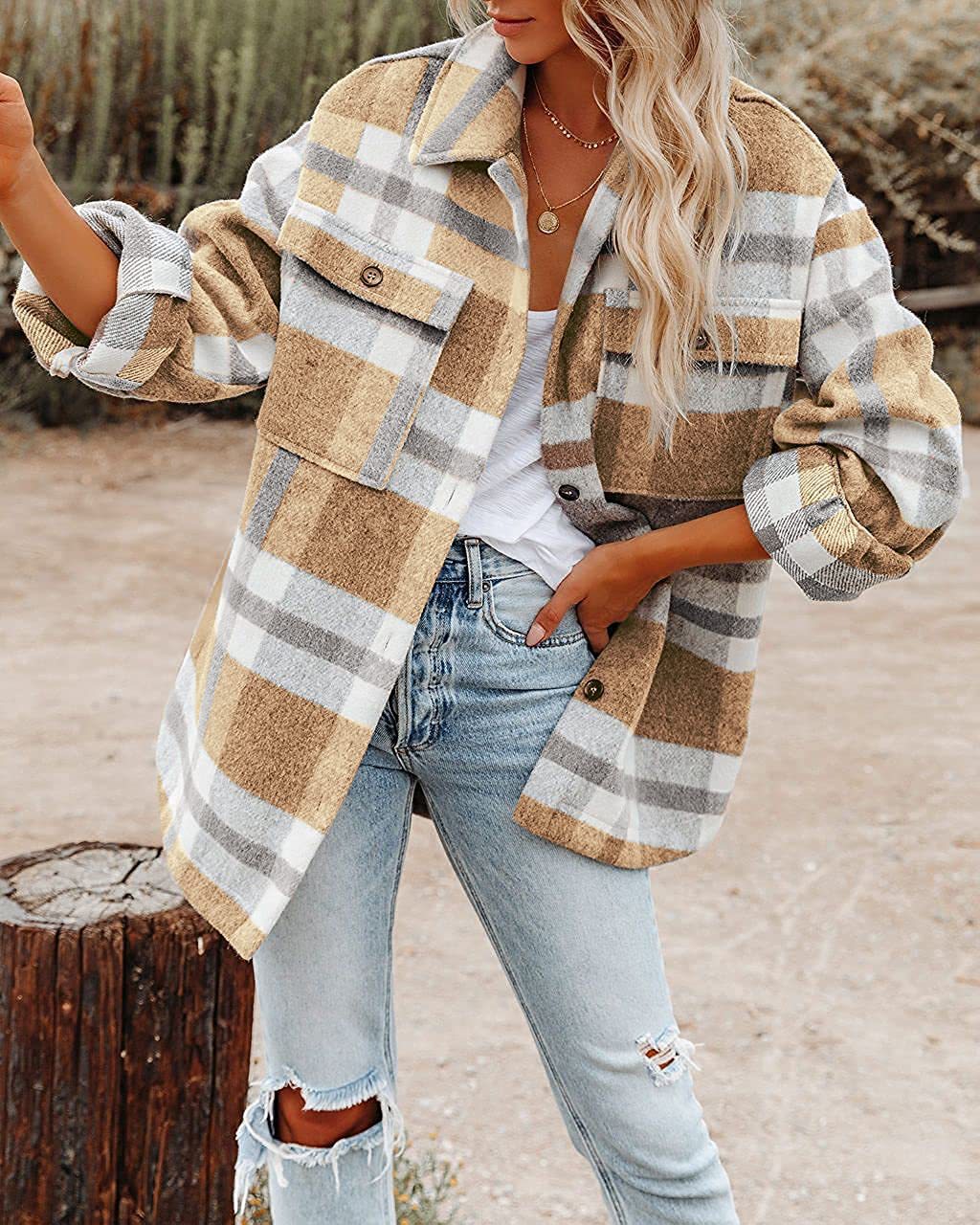 2022 Amazon Otoño e Invierno ropa de mujer transfronteriza europea y americana Amazon botón a cuadros franela abrigo de camisa de lana