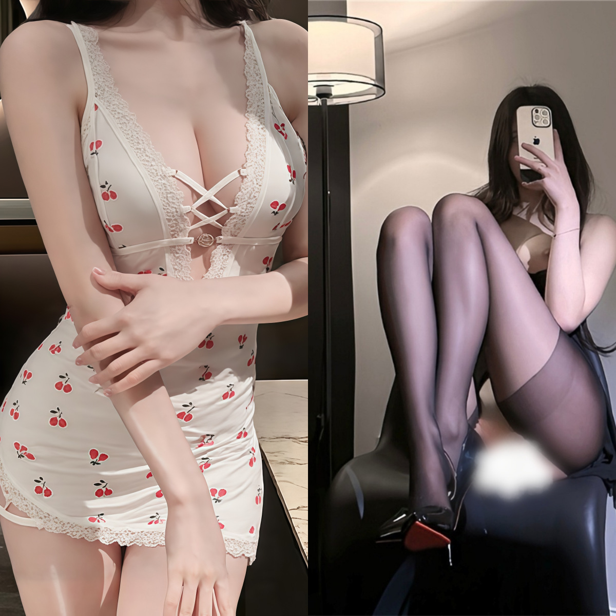 체리 잠옷 + 블랙 오픈 플랩