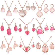 欧美几何宝石耳环项链首饰套装 猫眼石水滴镶钻桃心水晶两件套装