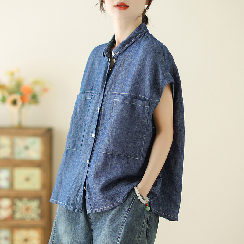 2024 Summer New Denim Shirt for Women, Artistic Style, Casual, Loose, Versatile, Slimming, Polo Collar, Sleeveless Cardigan Top