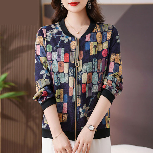 Ice Silk Chiffon Shirt, Fashionable New Chinese Style Summer Large Size Sun Protection Jacket with Print Zipper Short Coat for Middle-Aged Mothers