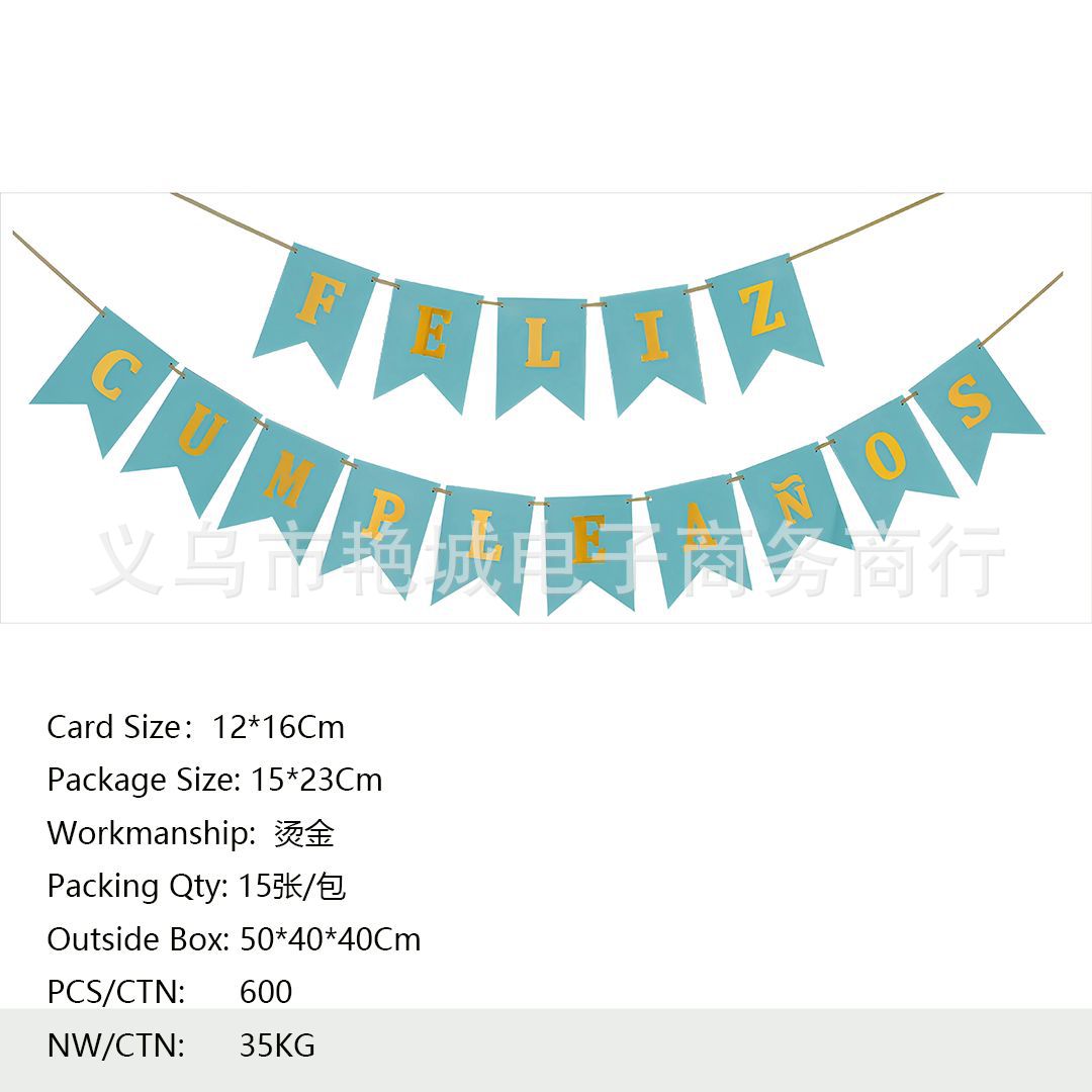 Fábrica al por mayor día tira banderas tarjetas blancas estampadas cola de pescado español Feliz cumpleaños tira banderas de fiesta de cumpleaños decoración banner