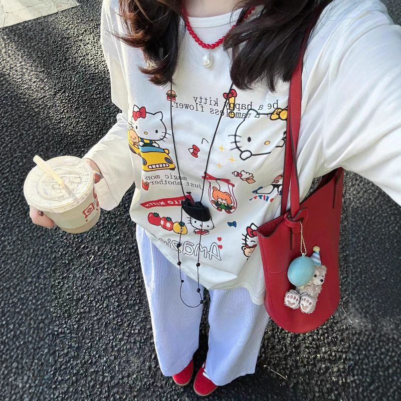 Korean-Style Sweet Hello Kitty Printed Long-Sleeve T-Shirt for Women, Early Autumn New Sweet and Spicy Girl Cute Round-Neck Top Trendy