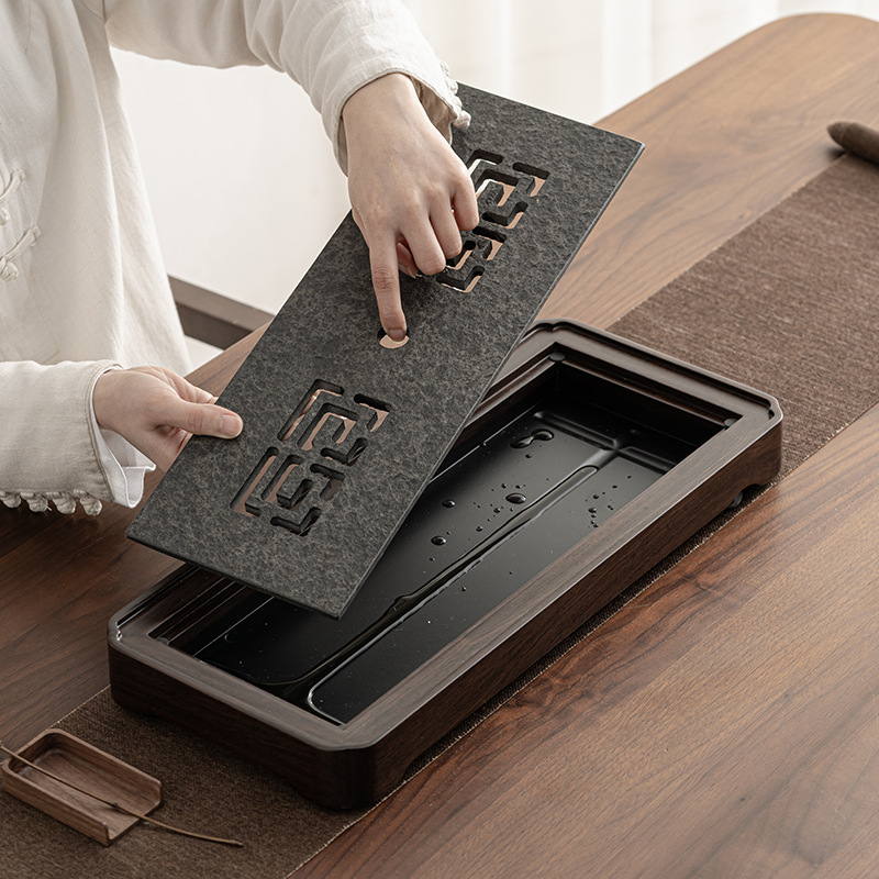Пустое черное сандаловое дерево черный золотой каменный чайный поднос в японском стиле