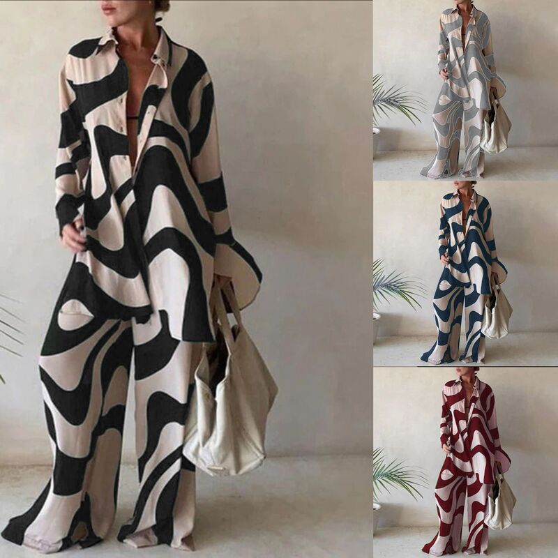 European and American Cross-border New Printed Large Size Suit Casual Elegant Printed Loose Shirt Long-sleeved Trousers Suit