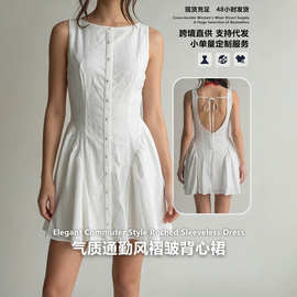 夏季新款欧美风白色无袖A字连衣裙女收腰显瘦系带露背女短裙跨境