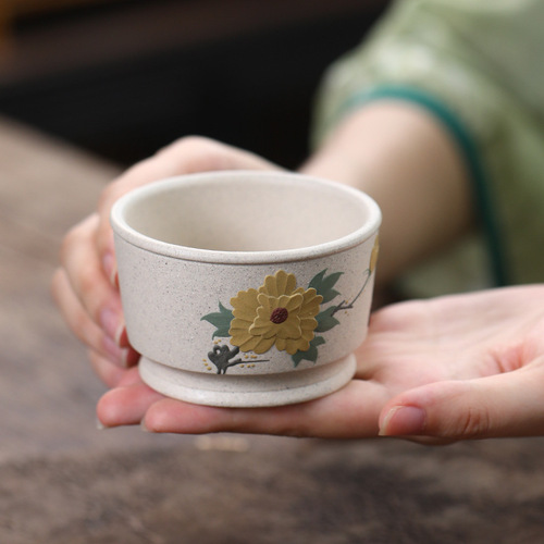 Yixing Original Mine White Jade Section Zisha Teapot Pure Handmade Slip Painted Peony and Magnolia Cup Owner Cup Tea Drinking Cup