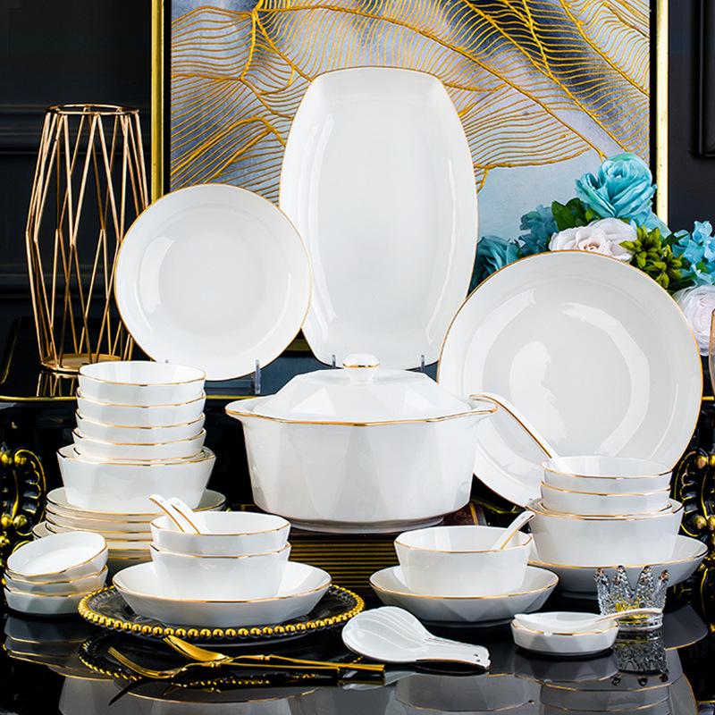 Jingdezhen Ceramic Tableware Set Rice Bowl Noodle Bowl Large Soup Bowl Simple Diamond Bowl Handmade Gold Gift logo
