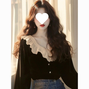 French Hepburn Style Black Velvet Top for Women 2025 New Style Beautiful Ruffled Unique Super Nice Shirt