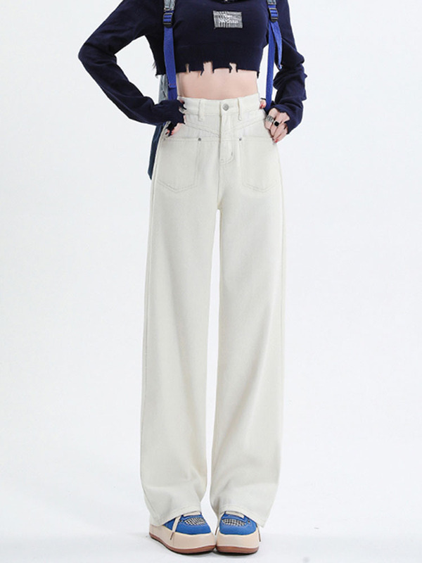 creamy-white Jeans Women's High Waist Slimming Straight Tube Loose 2024 Spring and Autumn Women's New Wide Leg Pants