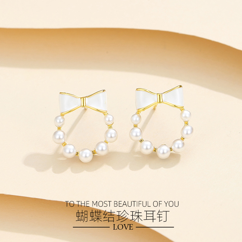 时尚花环蝴蝶结耳钉925银小清新白色珍珠耳饰女甜美ins小众高级感