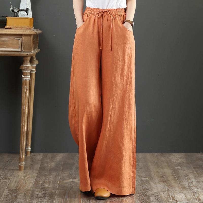 2025 Spring/Summer Literary Cotton and Linen Pants Loose Plus Size Wide-Leg Pants High-Waisted Floor-Length Straight-Leg Long Pants Linen Women's Pants