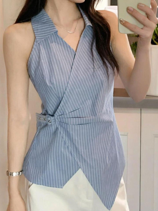 Blue Collar Striped Off-Shoulder Sleeveless Shirt for Women's Summer Outer Wear, Beautiful Waist-Cinching Strapless Sleeveless Top