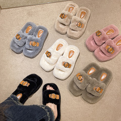 秋冬新款大碼一字毛毛拖鞋皮扣時尚加厚增高居家外穿棉拖廠家批發