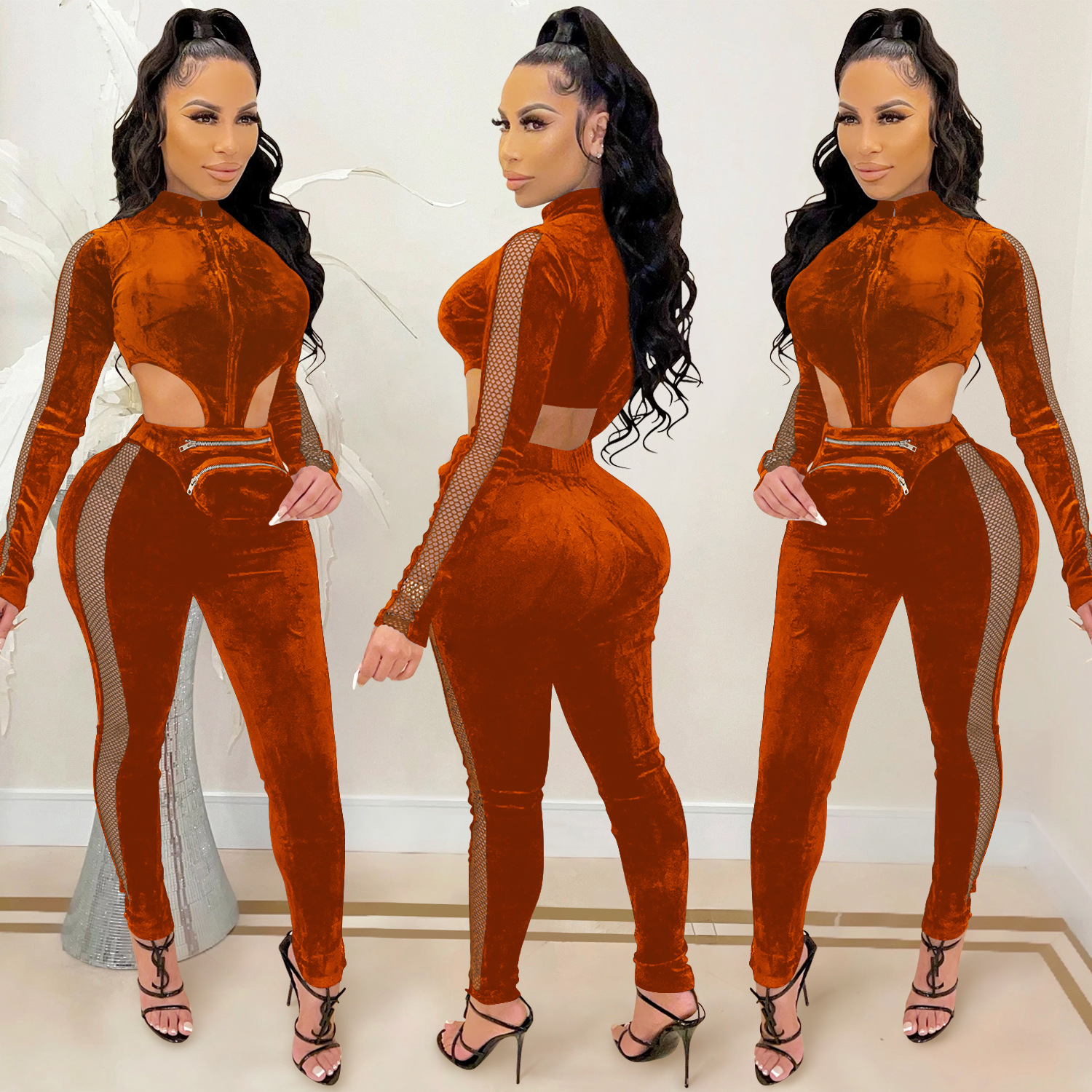 Velet See-Through Zipper Long-Sleeved Hollow Jumpsuit NSFYZ113206