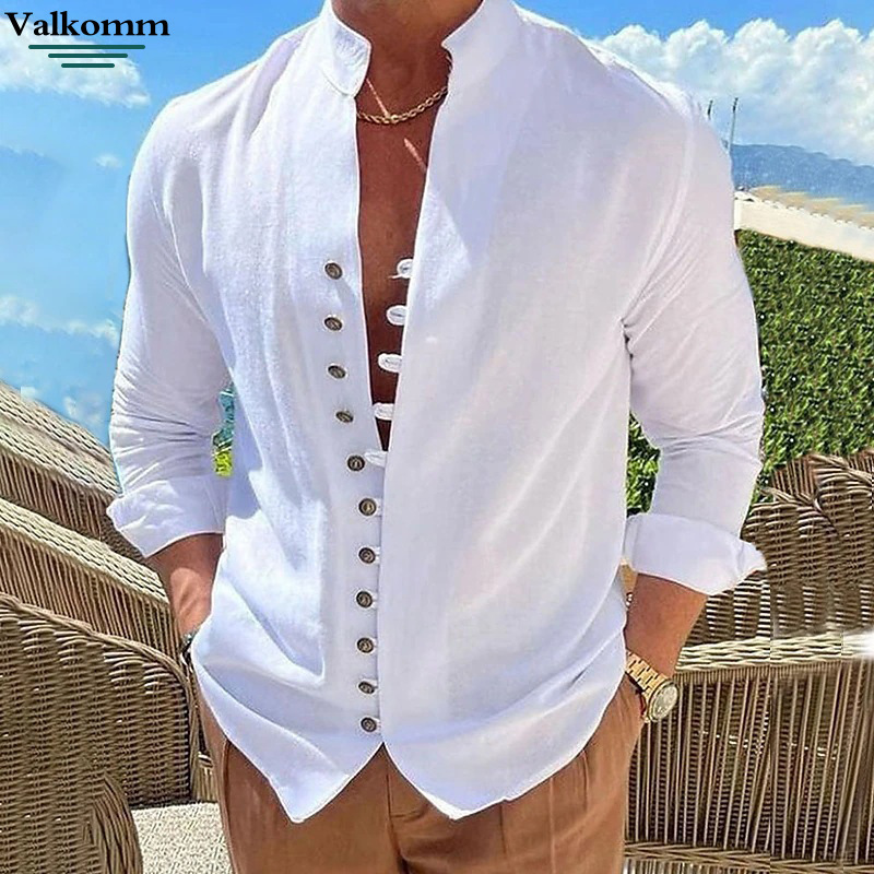 Laikke 2026 Cross-Border Amazon Linen Button Casual Shirt for Men, Summer Hot-Selling Loose Stand-Collar Long-Sleeve Shirt
