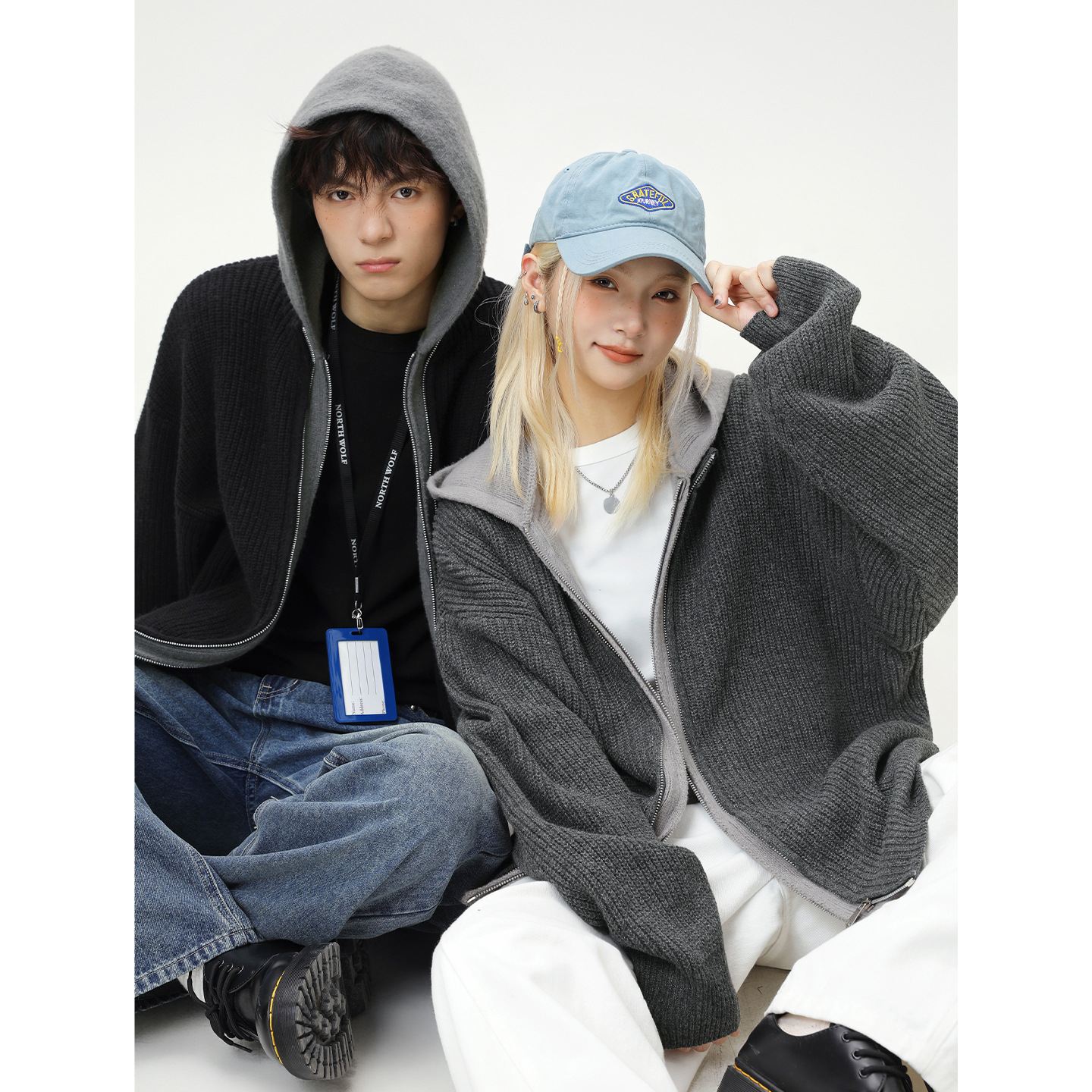 仿鹿毛绒假两件开衫连帽毛衣男女秋冬情侣宽松慵懒复古针织衫外套