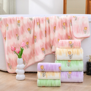 High-Looking Pink Tulip Printed Bath Towel Set, Absorbent, Quick-Drying, Lint-Free, Large Bath Towel