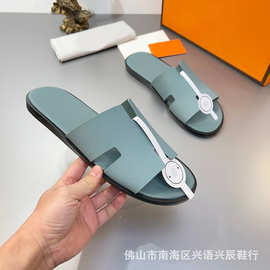 跨境外贸H新款夏季男士拖鞋防滑外穿沙滩鞋凉拖休闲便携一字拖男